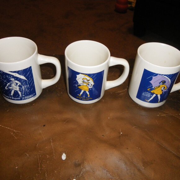 3 Vintage Morton Salt Umbrella Girl Coffee Mugs 1921 1956 1968 Made in Japan - Picture 1 of 7